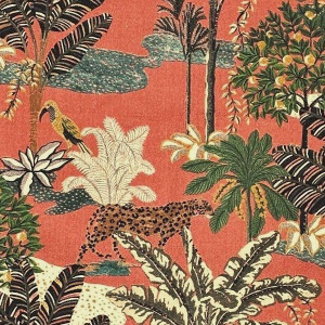 7113412 PARADISE RED/GREEN Tropical Print Upholstery And Drapery Fabric