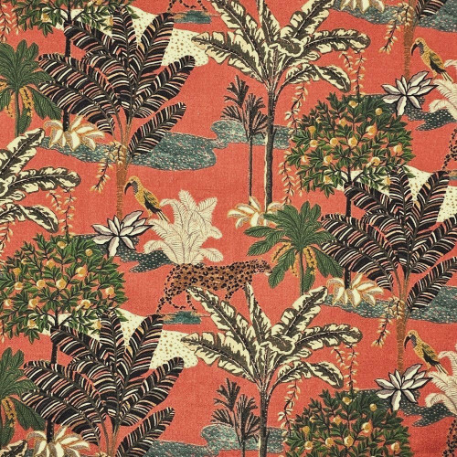 7113412 PARADISE RED/GREEN Tropical Print Upholstery And Drapery Fabric