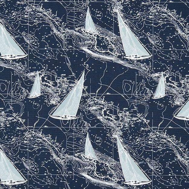 RACEY VINTAGE INDIGO Nautical Print Upholstery And Drapery Fabric