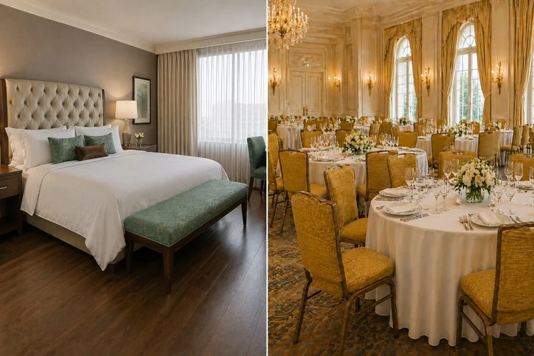Split image showing hotel bedroom seating and elegant ballroom chairs upholstered in contract upholstery fabrics for commercial and hospitality interiors.