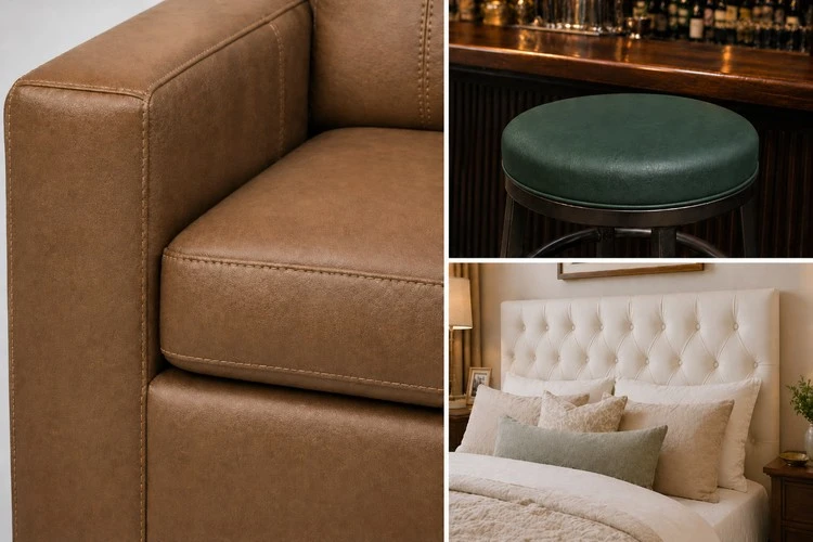 Faux leather upholstery fabric shown on a tan chair, green bar stool seat, and ivory tufted headboard for home, hospitality, contract, and marine seating applications.