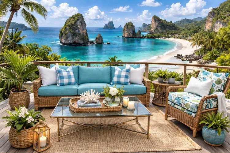 High performance indoor and outdoor upholstery fabric shown on coastal patio seating with tropical ocean view