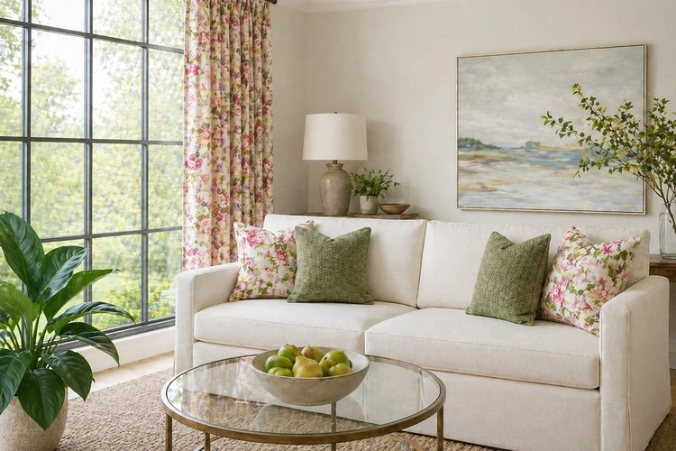 Living room with floral draperies, coordinated throw pillows, cream sofa, glass coffee table, and green houseplant for interior upholstery and drapery fabric category.
