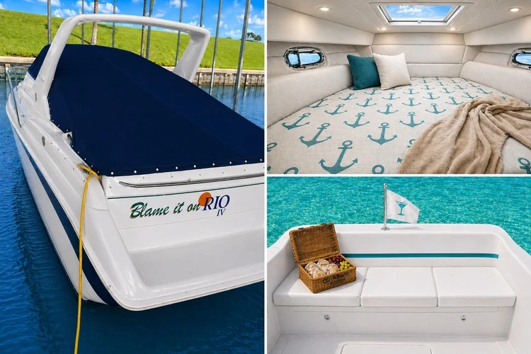 Marine fabric category image showing navy boat canvas topping, anchor-print cabin fabric, and white boat seating vinyl with teal trim.