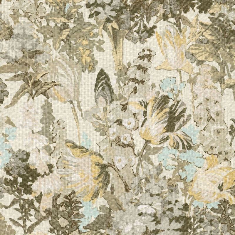 Brown/Teal Floral Embroidered Cotton Drapery Fabric, Fabric By the Yard