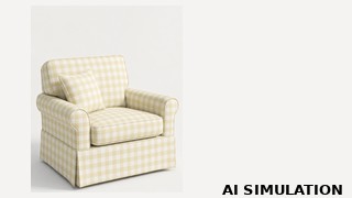 AI simulation of fabric SKU 2011512 showing a butter and white buffalo check upholstery fabric on a traditional armchair to illustrate pattern scale, color, and upholstery use.