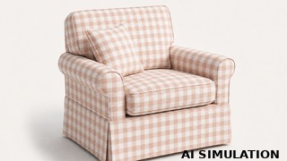 AI simulation of fabric SKU 2011513 showing a blush pink and white buffalo check upholstery fabric on a traditional armchair to illustrate pattern scale, color, and upholstery use.