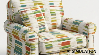 AI simulation of fabric SKU 2011611 Paintersly Fiesta shown as upholstery fabric on a traditional armchair to illustrate the multicolor abstract stripe pattern, scale, and color.