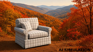 AI simulation of 2017711 gray plaid upholstery fabric on a rolled-arm chair with a matching pillow against an Appalachian fall mountain backdrop.