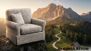 AI simulation of 2017911 ivory and taupe geometric upholstery fabric on a rolled-arm chair overlooking a scenic mountain valley.