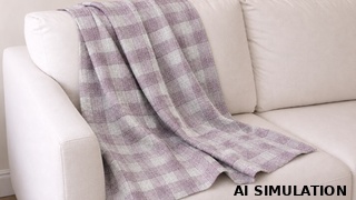 AI simulation of lilac and white plaid herringbone fabric draped over a clean white sofa.