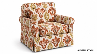 AI simulation of fabric SKU 2019211 showing a rust and gold ikat pattern upholstery fabric on a cushioned armchair with matching throw pillow to illustrate pattern scale, color, and upholstery use.