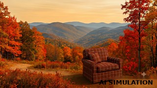 AI simulation of 2019311 rust plaid upholstery fabric shown on an upholstered chair and pillow in an autumn mountain setting.