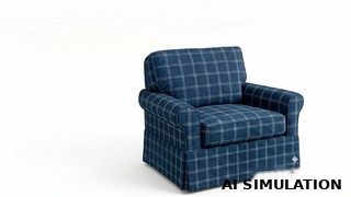 AI simulation of 2019312 blue plaid upholstery fabric shown on an upholstered chair.