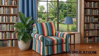 AI simulation of 2019411 multicolor striped upholstery fabric shown on an upholstered chair in a library setting.
