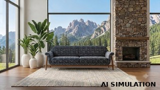 AI simulation of 2019511 charcoal geometric upholstery fabric shown on an upholstered sofa in a mountain-view living room.