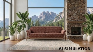AI simulation of 2019512 rust geometric upholstery fabric shown on an upholstered sofa in a mountain-view living room.