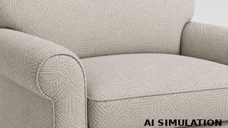 AI simulation close-up of a chair upholstered in 2019611 light taupe geometric upholstery fabric, showing the subtle linear diamond and square pattern.