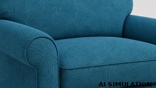 AI simulation close-up of a chair upholstered in 2019612 teal geometric upholstery fabric, showing the subtle linear diamond and square pattern.