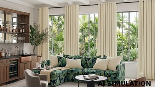 AI simulation of 2019811 large tropical leaf upholstery fabric shown on a sectional sofa.