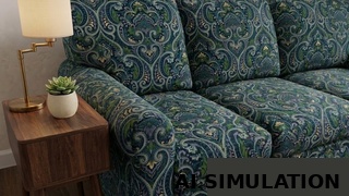 AI simulation of 2019911 blue and green paisley upholstery fabric shown on a contemporary sofa to illustrate pattern scale, color variation, and upholstery use.