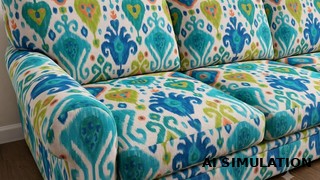 AI simulation of fabric SKU 2020011 showing a turquoise blue, green, and coral ikat upholstery fabric on a traditional sofa to illustrate pattern scale, color, and upholstery use.