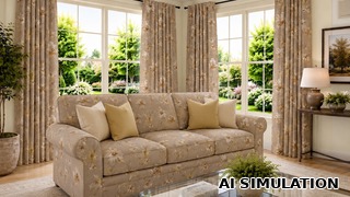 AI simulation of fabric SKU 2021511 Marlene Biscuit floral print shown as both upholstery and drapery fabric in a coordinated living room to illustrate pattern scale and color.