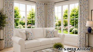 AI simulation of fabric SKU 2022511 PARADISE BLOSSOM BLUE floral print shown as drapery fabric in a bright living room with coordinating accent pillows to illustrate pattern scale, color, and application.