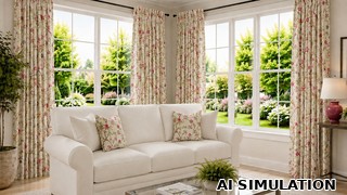 AI simulation of fabric SKU 2022512 PARADISE BLOSSOM RED floral print shown as drapery fabric in a bright living room with coordinating accent pillows to illustrate pattern scale, color, and application.