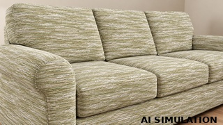 AI simulation of fabric SKU 2023512 showing a sage green and cream textured fabric upholstered on a contemporary sofa to illustrate color, texture, and upholstery use.