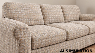 AI simulation of fabric SKU 2023711 showing beige and tan textured upholstery fabric on a contemporary sofa to illustrate fabric color, texture, and upholstery use.