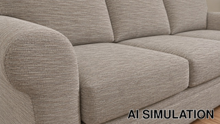 AI simulation of fabric SKU 2023911 Luminor Stone, a taupe-gray textured weave shown as upholstery fabric on a sofa, to illustrate color, texture, and upholstery use.