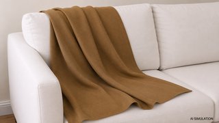 AI-simulated upholstery fabric visualization showing caramel brown solid upholstery fabric draped across an off-white sofa, illustrating fabric color, soft texture, drape characteristics, and scale in a residential furniture setting. The image is a digital visualization created from an actual fabric photograph and is intended to demonstrate color, pattern, and general appearance.
