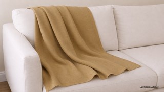 AI simulation of warm tan solid upholstery fabric draped over a cream sofa in a studio setting, showing realistic folds, texture, and fabric behavior. The image is a digital visualization created from an actual fabric photograph and is intended to demonstrate color, pattern, and general appearance.