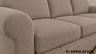 AI simulation of fabric SKU 263922 showing taupe textured upholstery fabric on a sofa to illustrate fabric texture, color, and upholstery use.