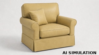 AI simulation of fabric SKU 6183611 Phillips Beige faux leather shown on a traditional upholstered chair to illustrate color, texture, scale, and upholstery use.