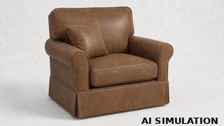 AI simulation of fabric SKU 6183614 Phillips Amber faux leather upholstery fabric shown on a traditional upholstered chair to illustrate color, texture, scale, and upholstery use.
