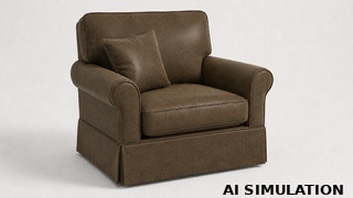 AI simulation of fabric SKU 6183615 Phillips Tobacco faux leather upholstery fabric shown on a traditional upholstered chair to illustrate color, texture, scale, and upholstery use.