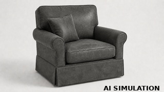 AI simulation of fabric SKU 6183616 Phillips Charcoal faux leather upholstery fabric shown on a traditional upholstered chair to illustrate color, texture, scale, and upholstery use.