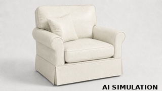 AI simulation of fabric SKU 6183617 Phillips Bone faux leather upholstery fabric shown on a traditional upholstered chair to illustrate color, texture, scale, and upholstery use.