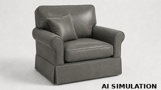 AI simulation of fabric SKU 6183618 Phillips Gunmetal faux leather upholstery fabric shown on a traditional upholstered chair to illustrate color, texture, scale, and upholstery use.
