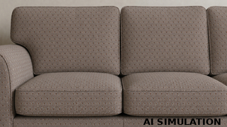 AI simulation of fabric SKU 6251516 Canterbury Beryl shown as upholstery fabric on a sofa to illustrate the small-scale diamond geometric pattern, color, and scale.
