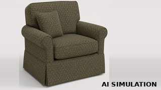 AI simulation of fabric SKU 6251517 Canterbury Olive shown as upholstery fabric on a traditional skirted armchair to illustrate the small-scale geometric pattern.