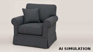 AI simulation of fabric SKU 6251522 Canterbury Pewter shown as upholstery fabric on a traditional skirted armchair to illustrate the small-scale geometric pattern.