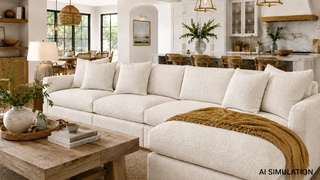 AI simulation of DFD fabric SKU 633311 showing Nomad Snow Crypton Home textured off-white upholstery fabric on a contemporary sectional sofa to illustrate the fabric's subtle woven texture, soft neutral color, and upholstery use.