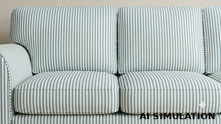 AI simulation of fabric SKU 6606719 Berlin Ocean shown as upholstery fabric on a sofa to illustrate the small-scale ocean and off-white ticking stripe pattern, color, and scale.