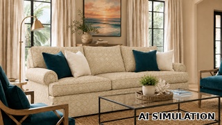 AI simulation of fabric SKU 6732812 Covington SD-CURACAO 118 SANDSTONE indoor outdoor fabric shown as upholstery fabric on a traditional sofa to illustrate pattern scale, color, and application.