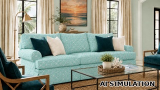 AI simulation of fabric SKU 6732814 Covington SD-CURACAO 210 JADE indoor outdoor fabric shown as upholstery fabric on a traditional sofa to illustrate pattern scale, color, and application.