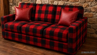 AI simulation of fabric SKU 6751911 Premier Prints Clayton Red/Black buffalo check print upholstery and drapery fabric shown as upholstery on a lodge-style sofa to illustrate its bold pattern scale and rich red-and-black color.