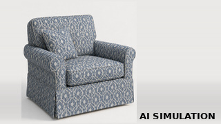 AI simulation of fabric SKU 6756012 Pisa Sky shown as upholstery fabric on a traditional skirted armchair to illustrate the medium-scale ogee pattern.